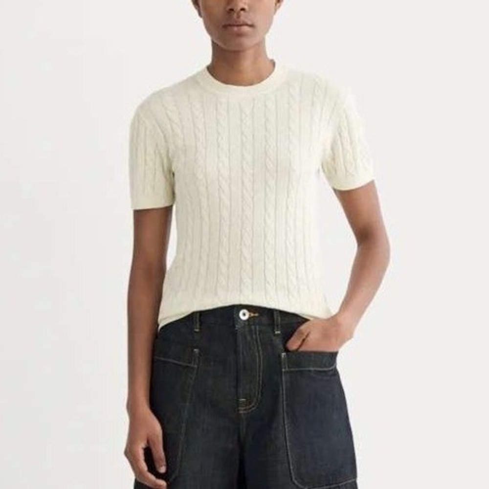NEW Everlane Cable Knit Crew Sweater Women XS Birch Cotton Cashmere Quiet Luxury
